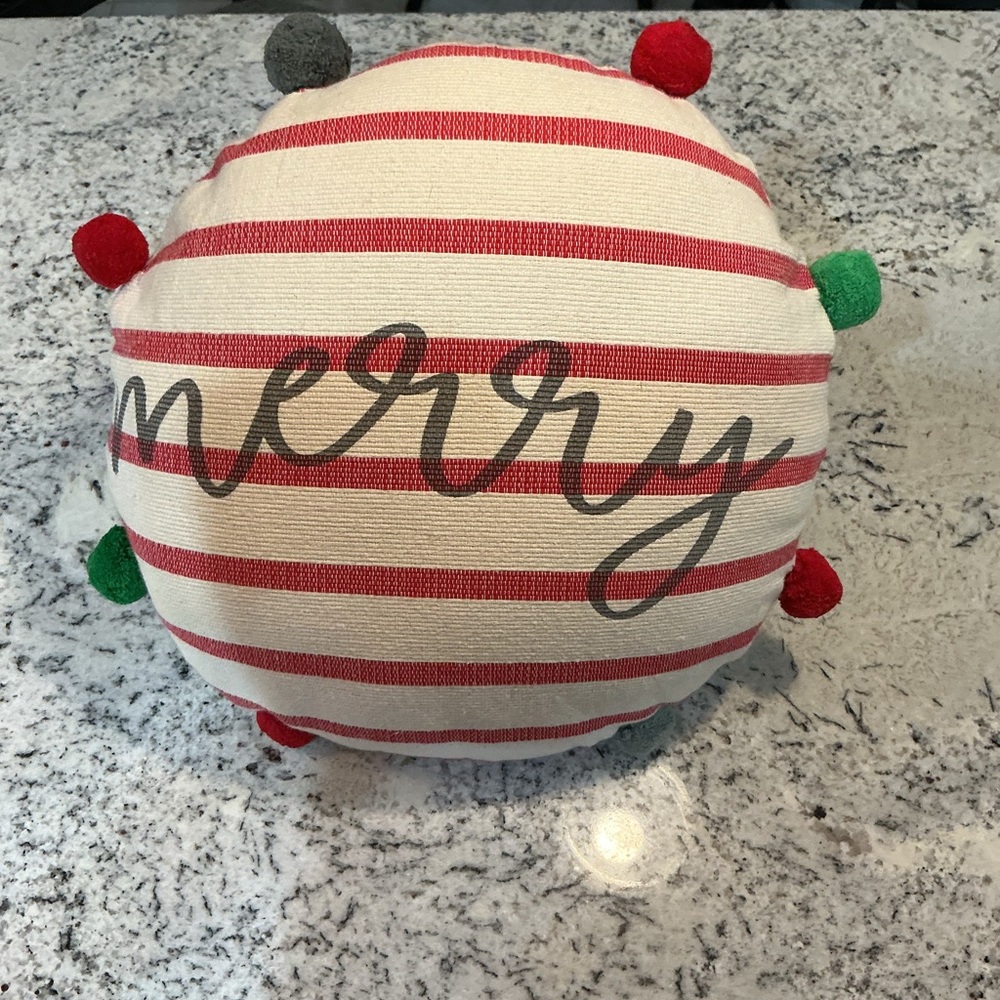 Mud Pie Merry Striped Holiday Pillow with Pom Poms